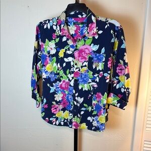 Lauren Ralph Lauren Navy Pink Floral 3/4 Sleeve Boxy Button Down Shirt Size XL